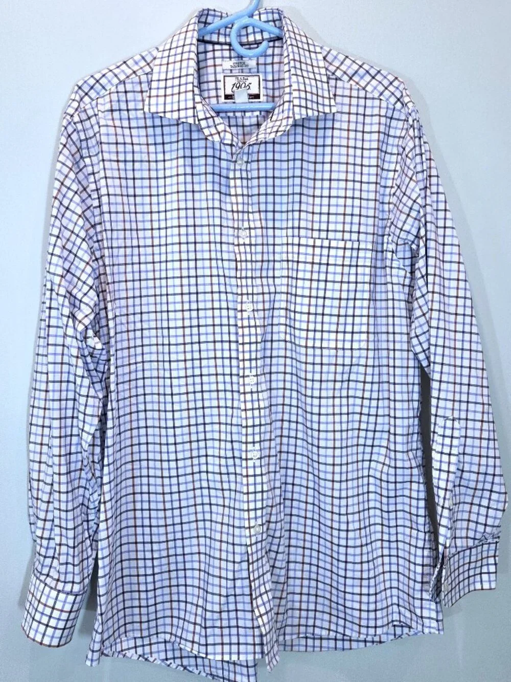 NWOT Jos A. Bank Stretch Tailored Fit Blue & Brown Plaid Shirt Size 16 1/2